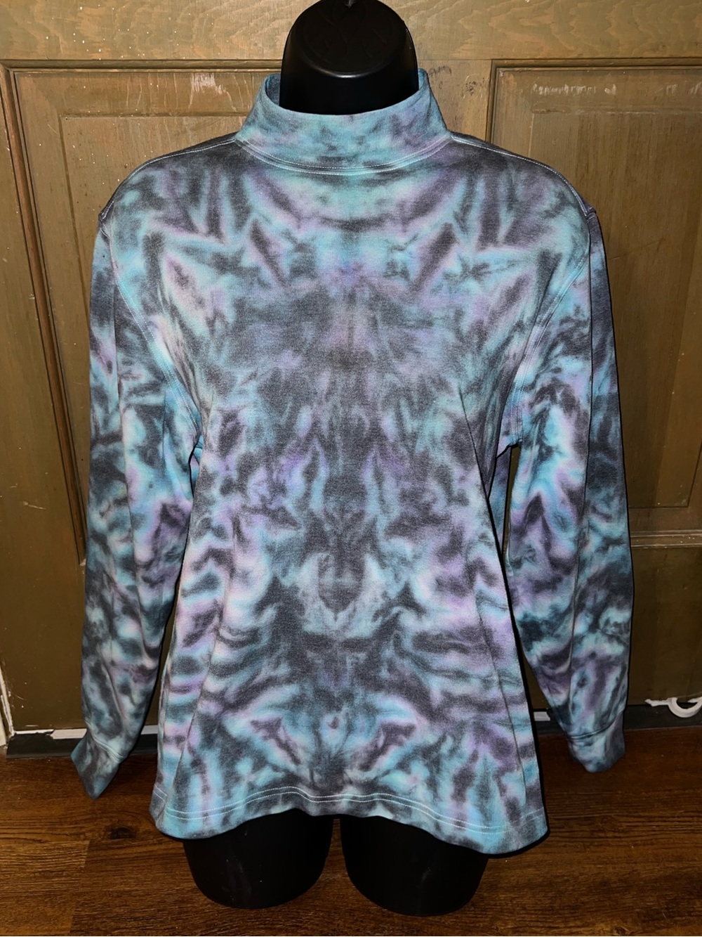 Teal Mock Neck Tie Dye Long Sleeve Sweatshirt Purple Psychedelic Hippie Size M - Picture 2 of 10